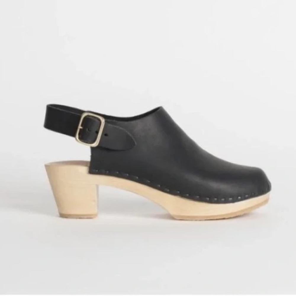 Bryr Black Leather Slingback Clog with Natural Wood Heel